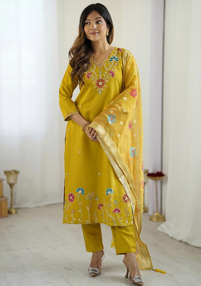 Yellow Beads Viscose Kurta Set With Dupatta