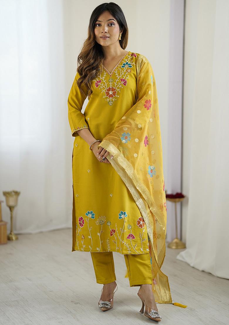 Yellow Beads Viscose Kurta Set With Dupatta