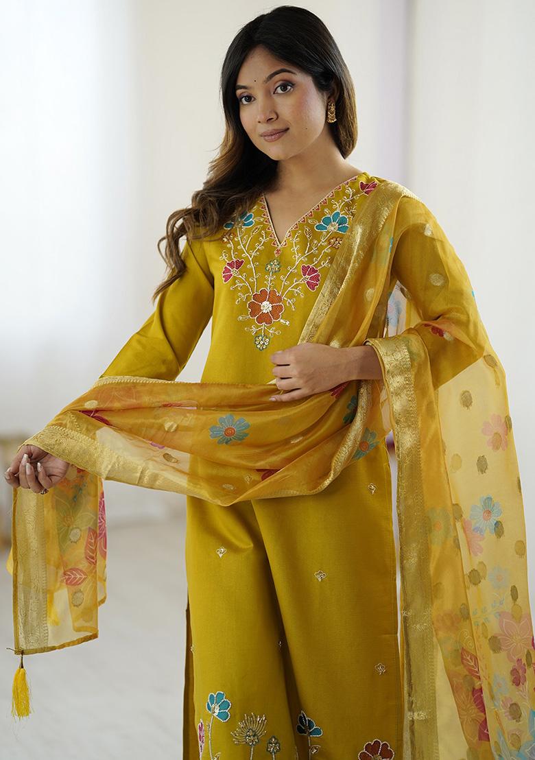 Yellow Beads Viscose Kurta Set With Dupatta