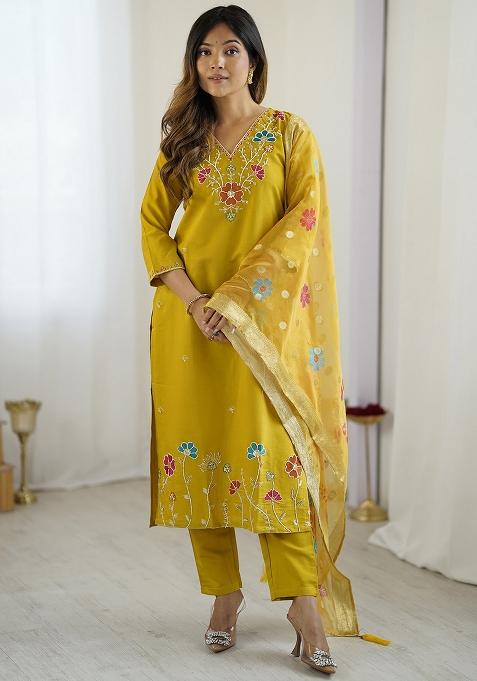 Yellow Beads Viscose Kurta Set With Dupatta