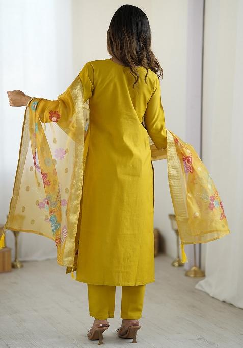 Yellow Beads Viscose Kurta Set With Dupatta