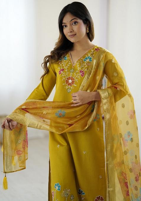 Yellow Beads Viscose Kurta Set With Dupatta