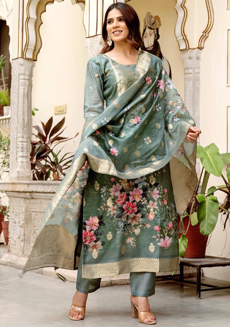 Grey Floral Print Chanderi Cotton Kurta Set With Dupatta - Indya