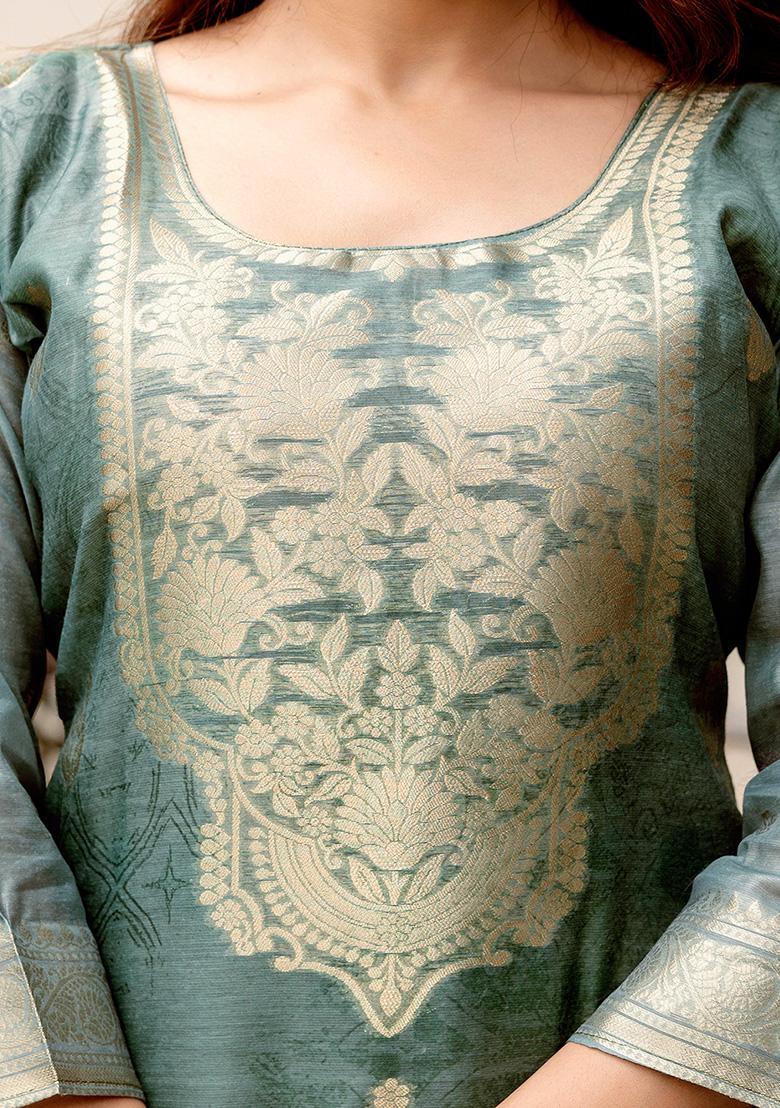 Grey Floral Print Chanderi Cotton Kurta Set With Dupatta - Indya