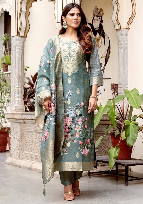 Grey Floral Print Chanderi Cotton Kurta Set With Dupatta