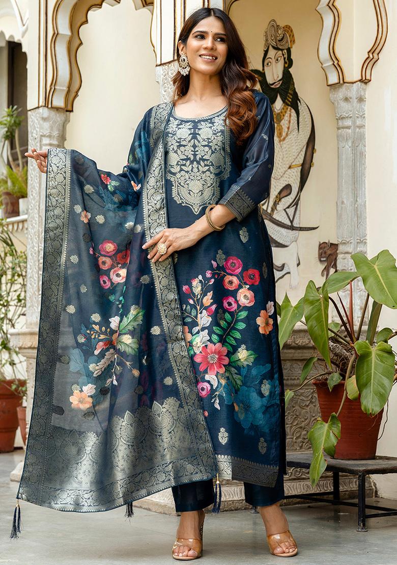 Navy Blue Floral Print Chanderi Cotton Kurta Set With Dupatta