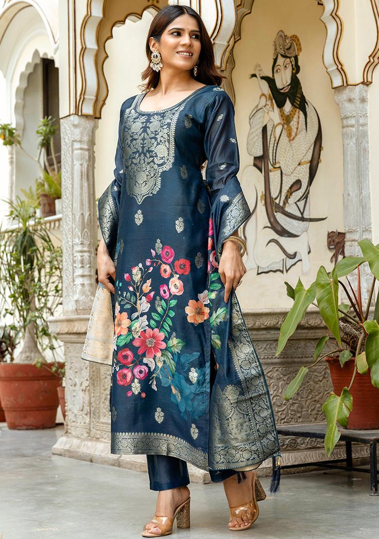 Navy Blue Floral Print Chanderi Cotton Kurta Set With Dupatta - Indya