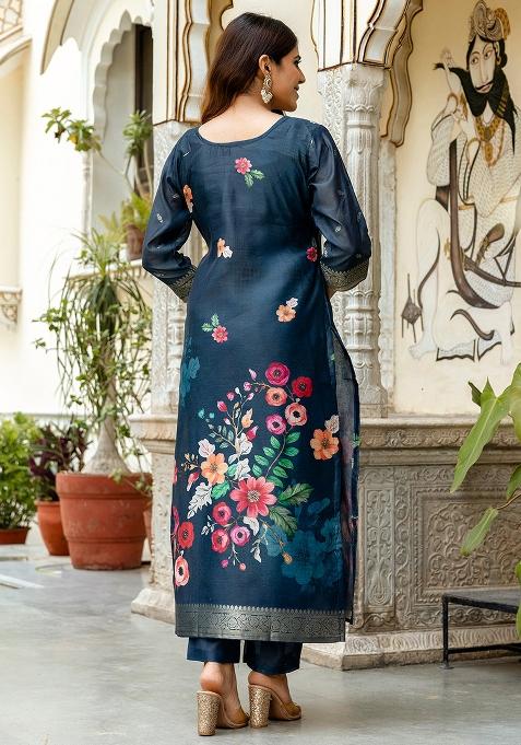 Navy Blue Floral Print Chanderi Cotton Kurta Set With Dupatta