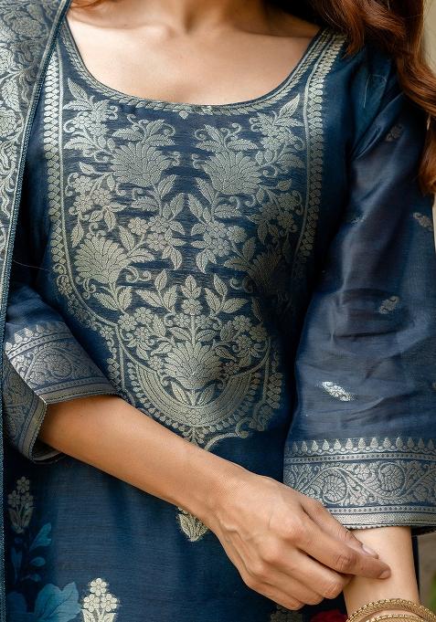 Navy Blue Floral Print Chanderi Cotton Kurta Set With Dupatta