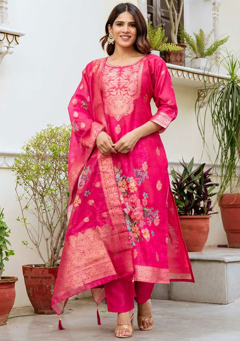 Rani Pink Embroidered Chanderi Straight Kurta Set - Indya