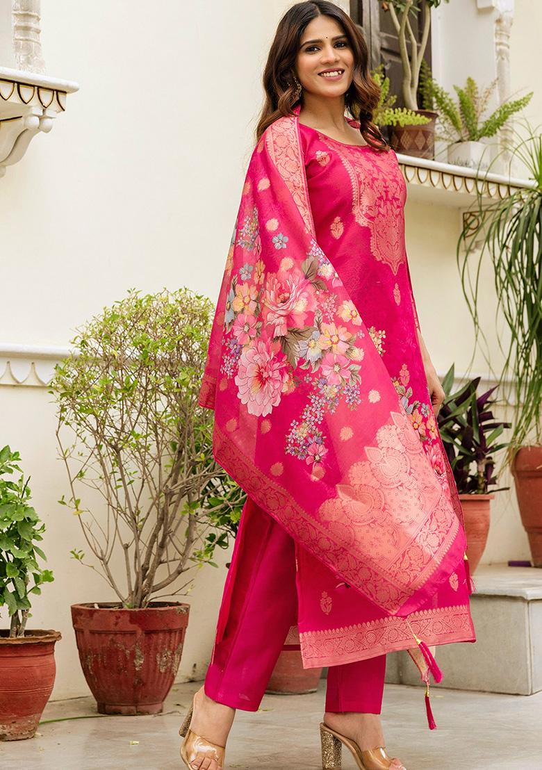 Rani Pink Floral Print Chanderi Cotton Kurta Set With Dupatta - Indya