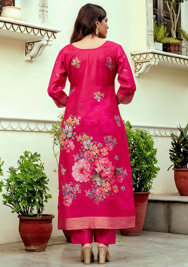 Rani Pink Embroidered Chanderi Straight Kurta Set - Indya