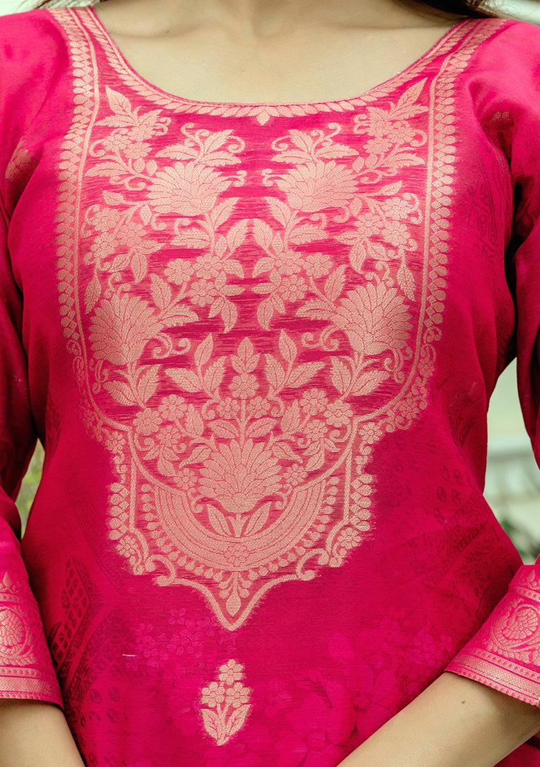 Rani Pink Floral Print Chanderi Cotton Kurta Set With Dupatta - Indya