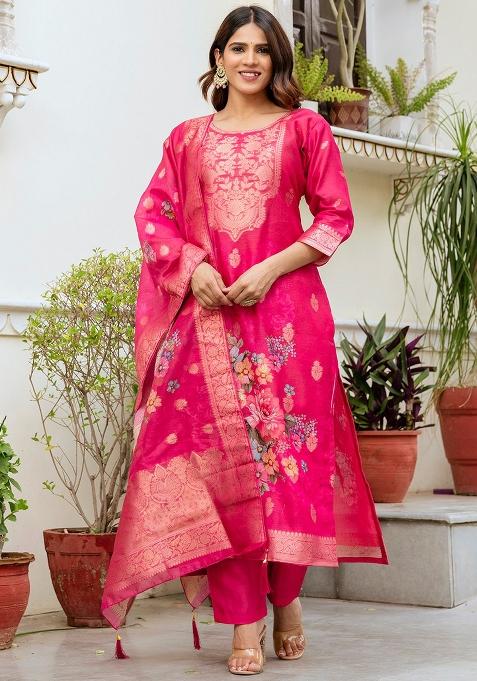 Rani Pink Embroidered Chanderi Straight Kurta Set