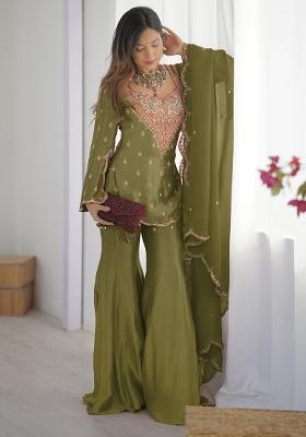 Olive Green Embroidery Sequence Work Blended Plazoo Set