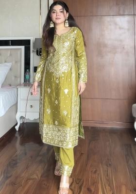 Olive Green Embroidery Sequence Work Blended Kurta Set