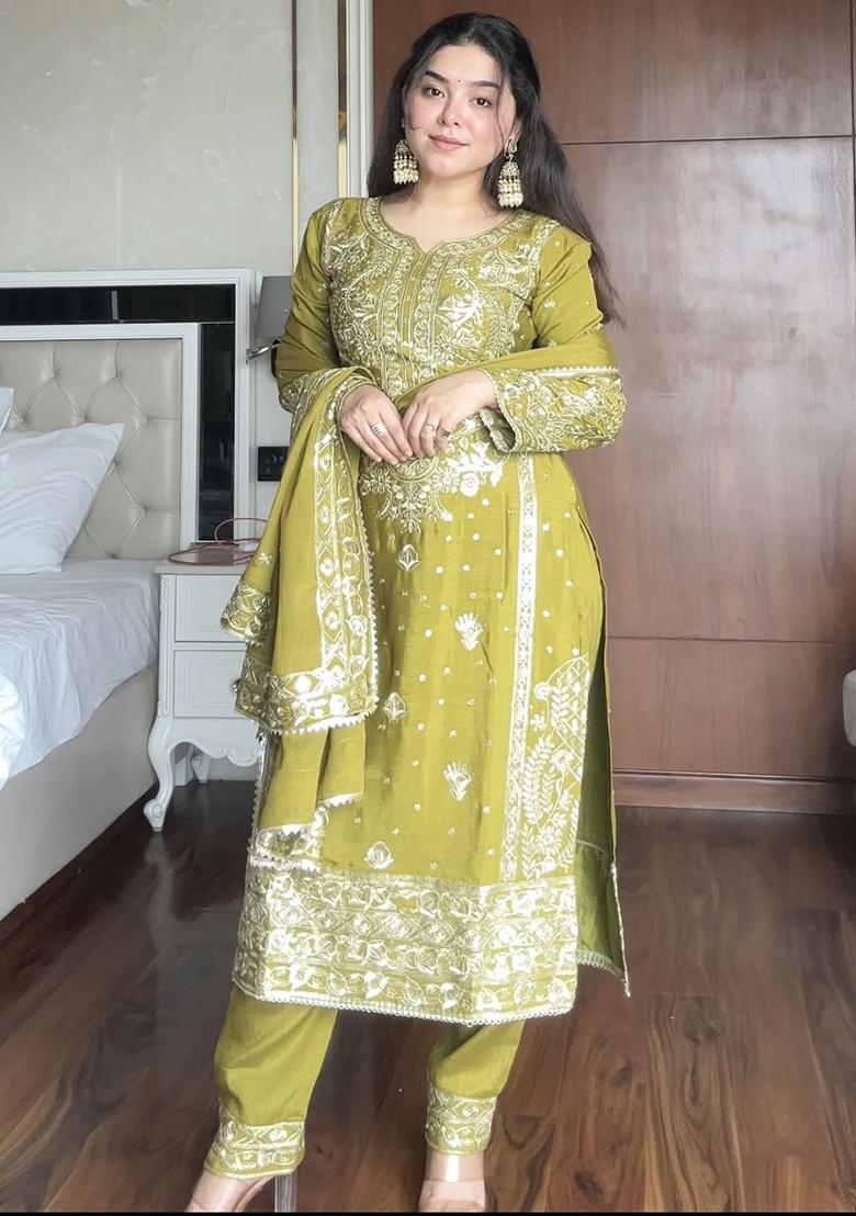 Olive Green Embroidery Sequence Work Blended Kurta Set - Indya