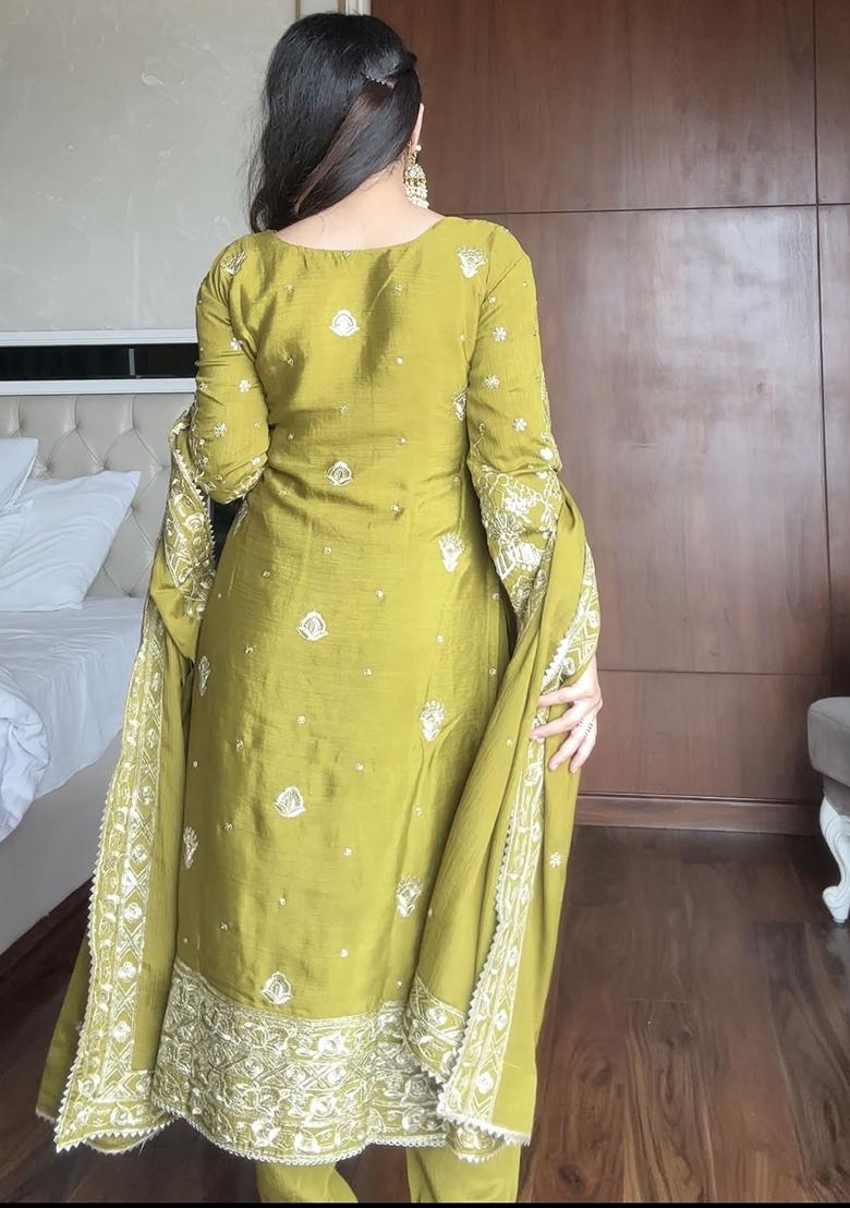 Olive Green Embroidery Sequence Work Blended Kurta Set - Indya