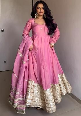 Pink Embroidered Blended Anarkali Set