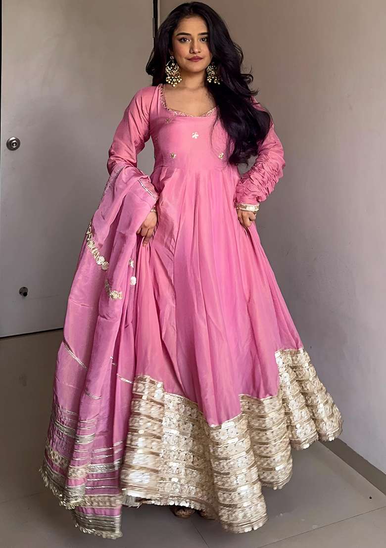 Pink Embroidered Blended Anarkali Set - Indya