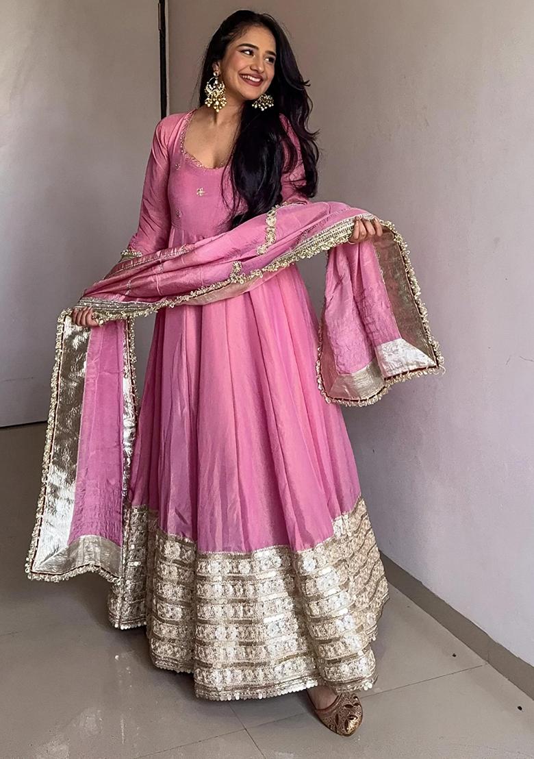 Pink Embroidery Sequence Work Blended Gown - Indya