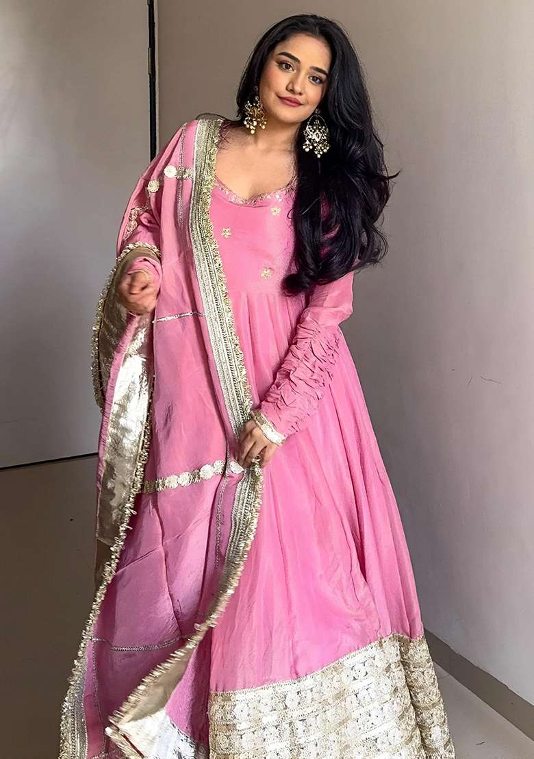 Pink Embroidered Blended Anarkali Set - Indya