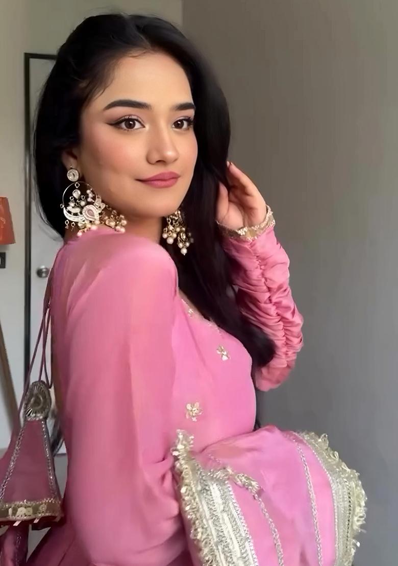 Pink Embroidery Sequence Work Blended Gown - Indya