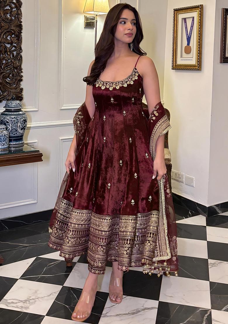 Wine Embroidery Sequence Work Blended Gown - Indya