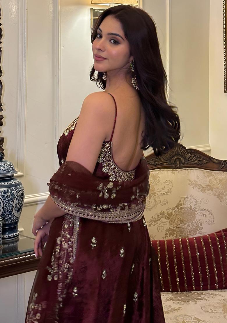 Wine Embroidery Sequence Work Blended Gown - Indya