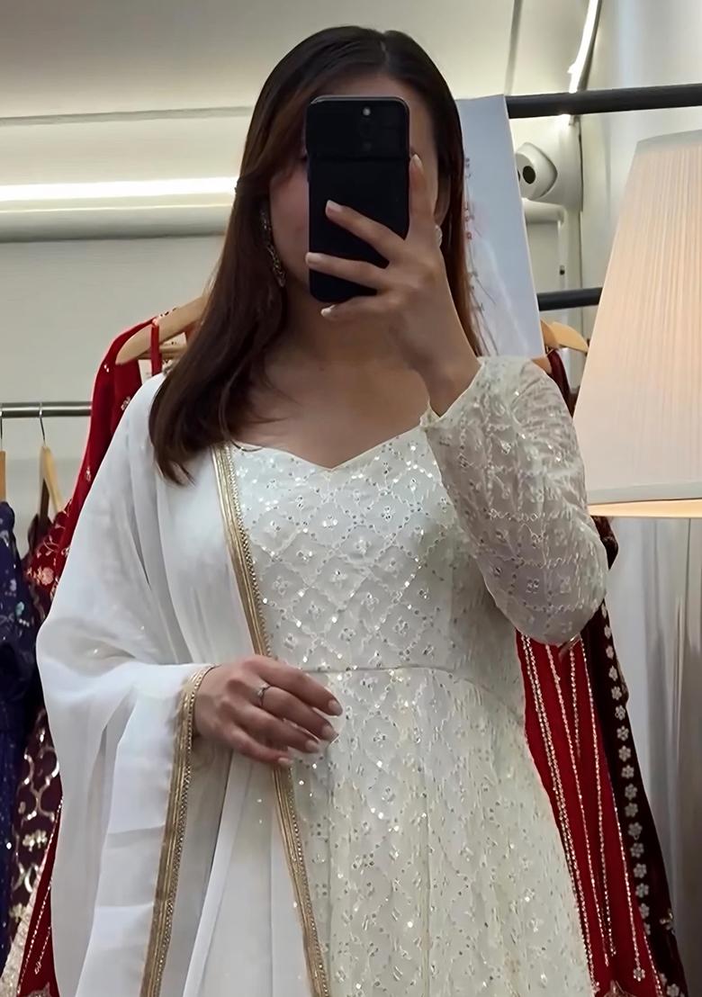 Off White Embroidery Sequence Work Blended Gown - Indya