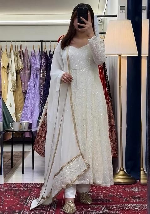 Off White Embroidery Sequence Work Blended Gown