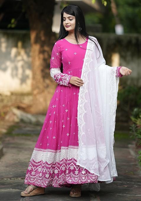 Pink Embroidery Sequence Work Blended Gown