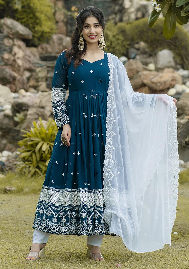 Navy Blue Embroidery Sequence Work Blended Gown - Indya