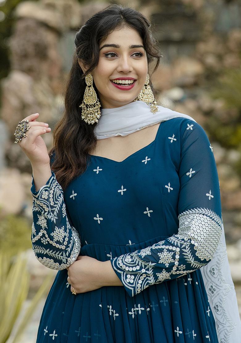 Navy Blue Embroidery Sequence Work Blended Gown - Indya
