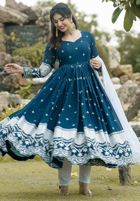 Navy Blue Embroidery Sequence Work Blended Gown