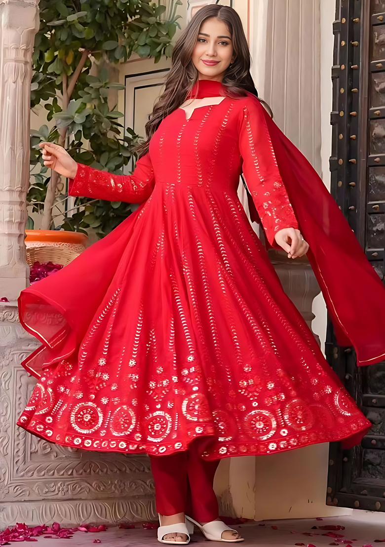 Red Embroidery Sequence Work Blended Gown - Indya