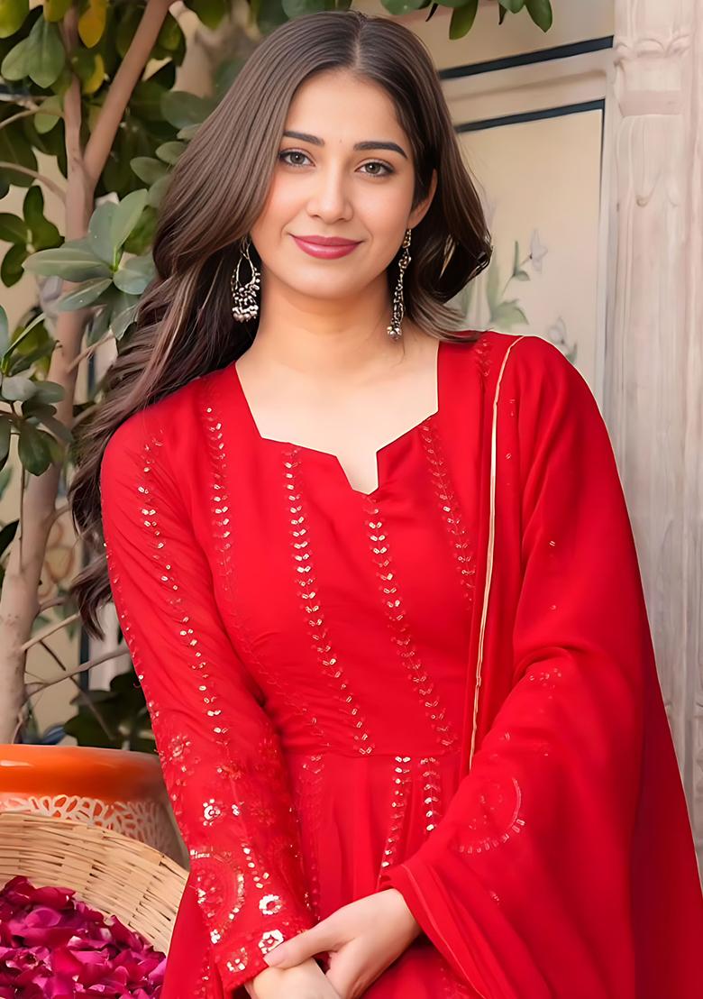 Red Embroidery Sequence Work Blended Gown - Indya