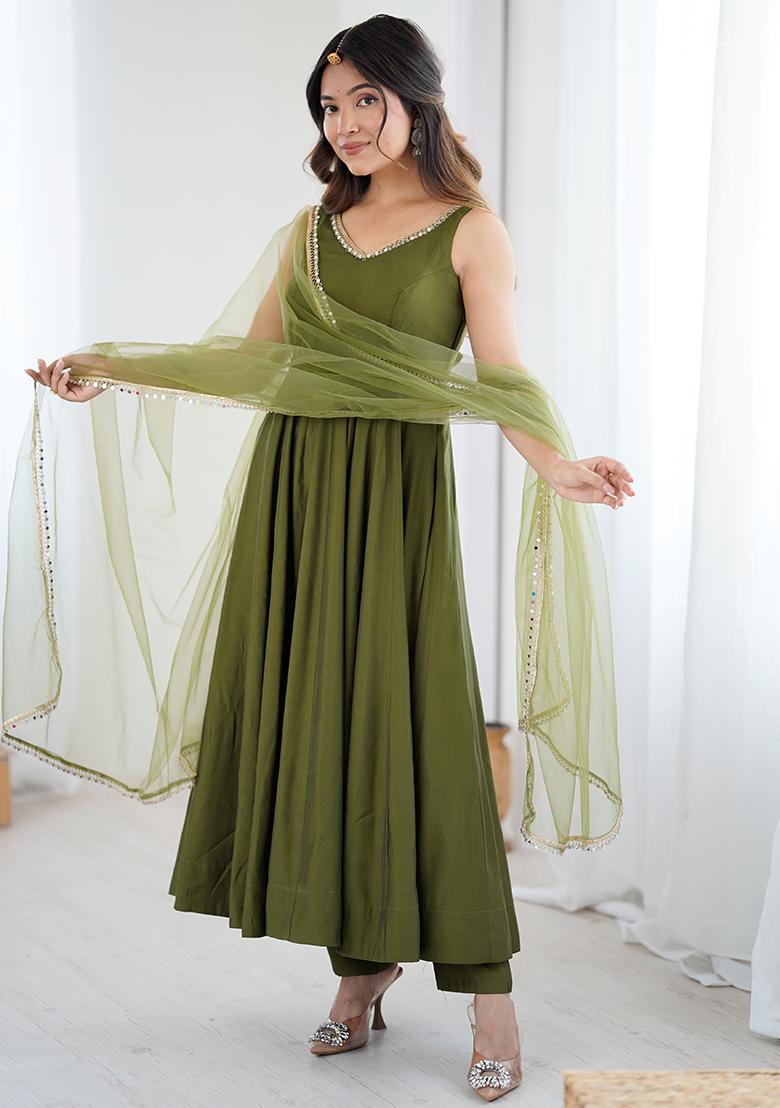 Mehendi Embroidery Sequence Work Blended Anarkali - Indya