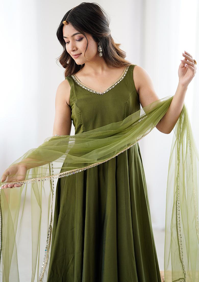 Mehendi Embroidery Sequence Work Blended Anarkali - Indya