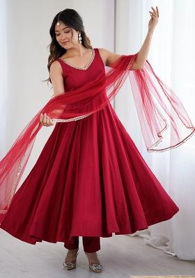 Maroon Embroidery Sequence Work Blended Anarkali