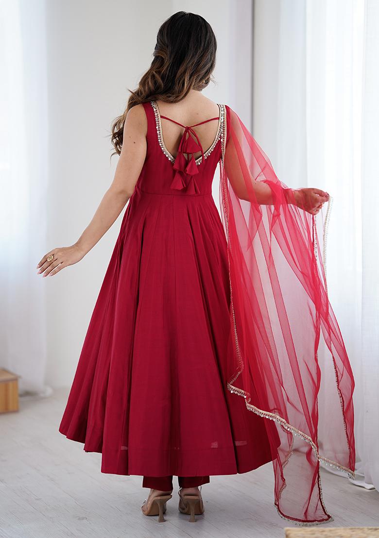 Maroon Embroidery Sequence Work Blended Anarkali