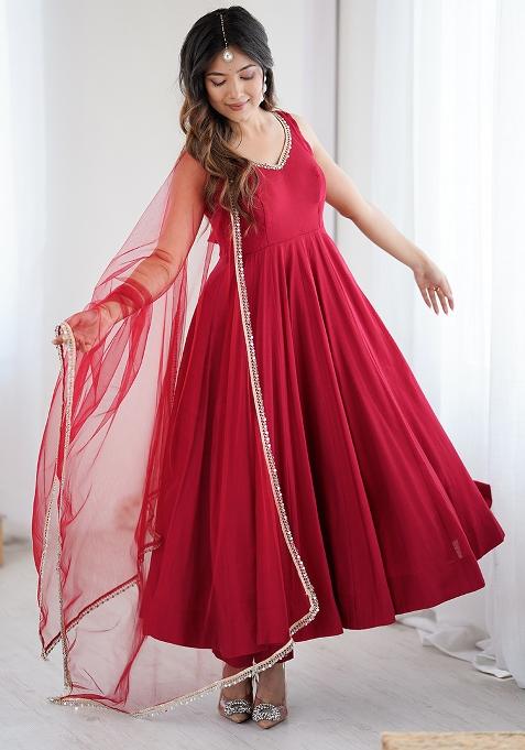 Maroon Embroidery Sequence Work Blended Anarkali