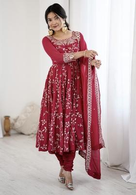 Deep Pink Embroidery Sequence Work Blended Anarkali