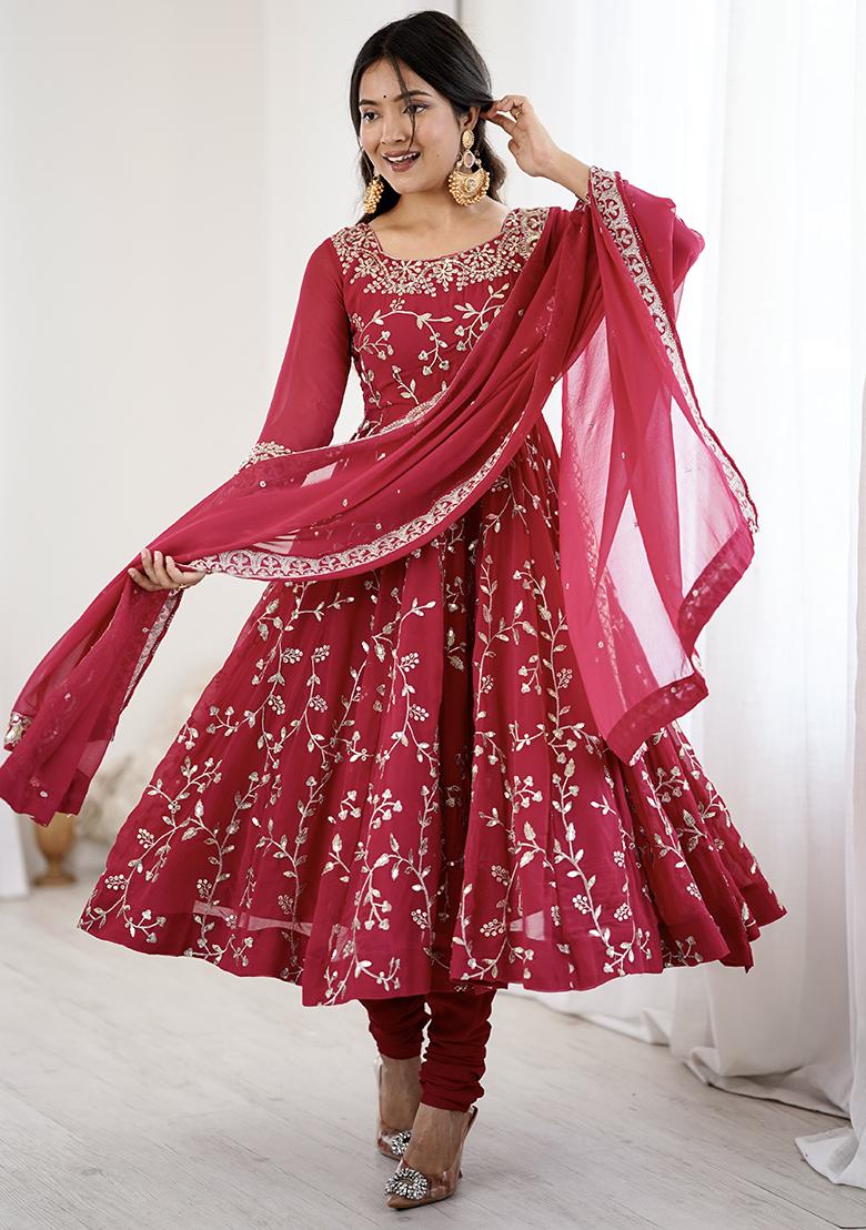 Deep Pink Embroidery Sequence Work Blended Anarkali - Indya