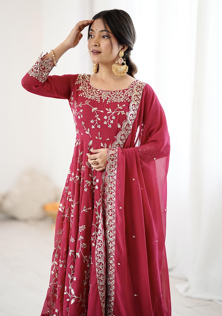 Deep Pink Embroidery Sequence Work Blended Anarkali - Indya
