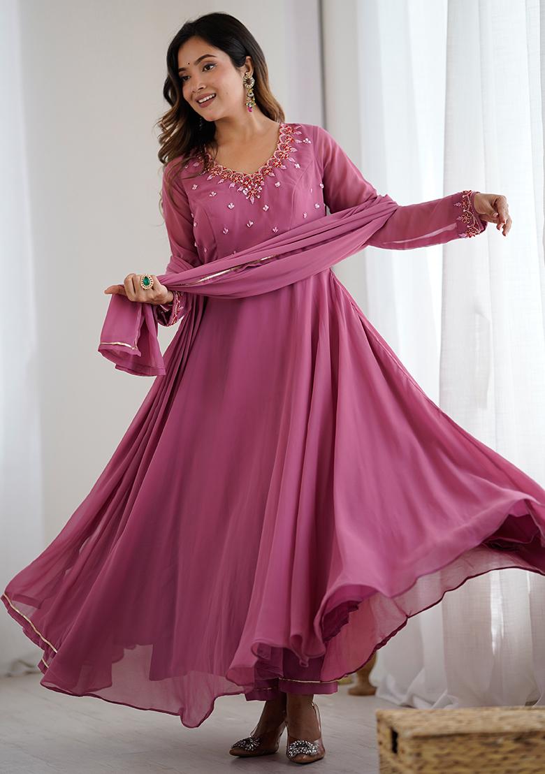 Dusty Rose Embroidery Sequence Work Blended Gown - Indya