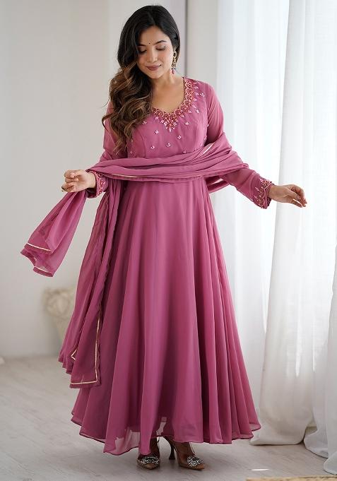 Dusty Rose Embroidery Sequence Work Blended Gown
