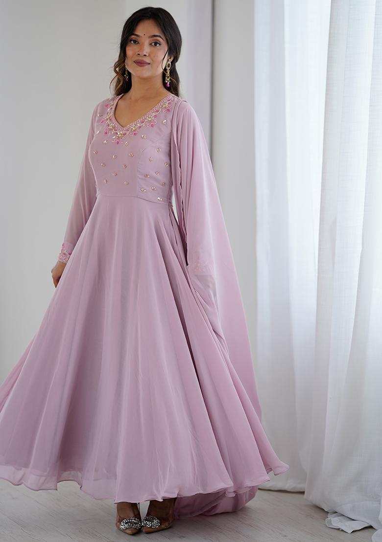 Light Lavender Embroidery Sequence Work Blended Gown - Indya