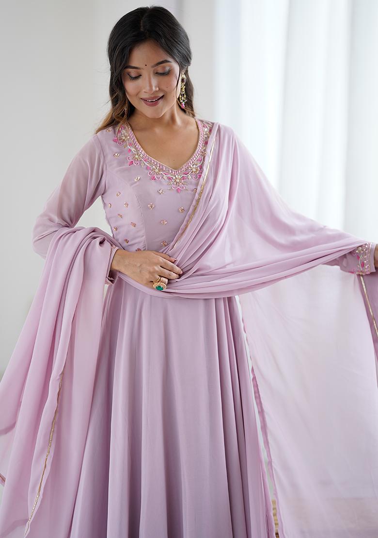 Light Lavender Embroidery Sequence Work Blended Gown - Indya