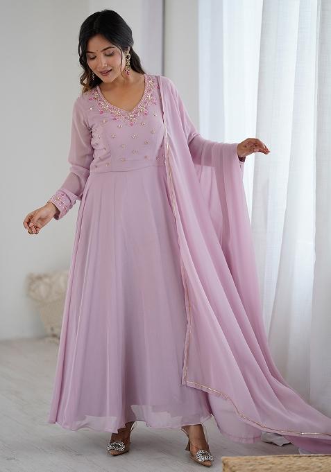 Light Lavender Embroidery Sequence Work Blended Gown